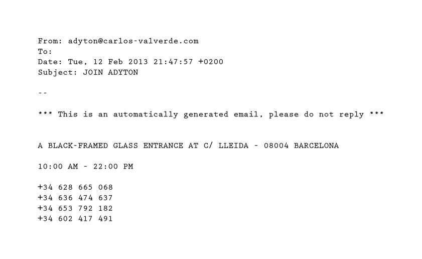 ADYTON. A project by Carlos Valverde. An email received after joining ADYTON.